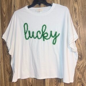 Peach Love California White Tee with Green 'Lucky' Graphic